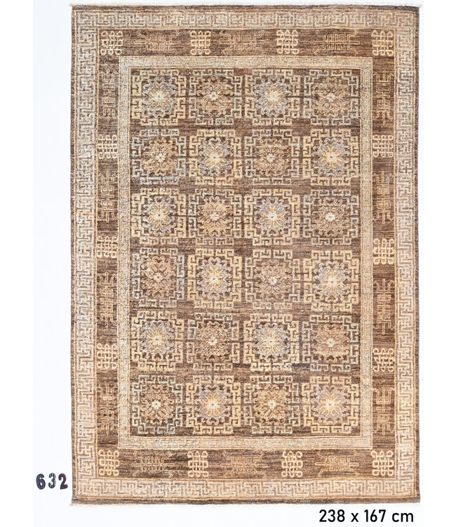 Vintage Hand Knotted Rug - Kazak Pattern - 238 x 167 cm - Brown and Beige