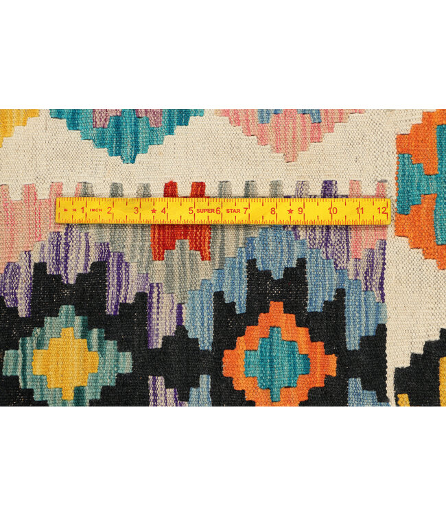 Afghaanse Kilim – 241x77 cm – Handgeweven Wol Loper – Diamantpatroon met Pastel en Contrasterende Kleuren