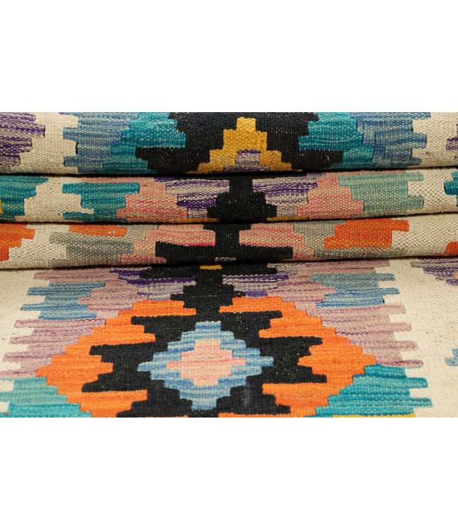 Afghaanse Kilim – 241x77 cm – Handgeweven Wol Loper – Diamantpatroon met Pastel en Contrasterende Kleuren