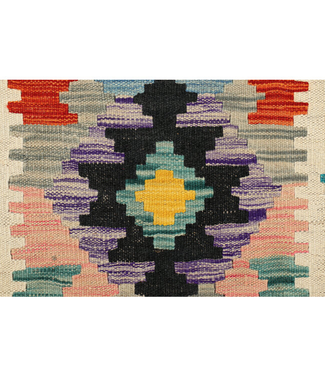 Afghanischer Kilim – 241x77 cm – Handgewebter Wollteppich mit Schwarzem Diamantmuster und Pastellfarben