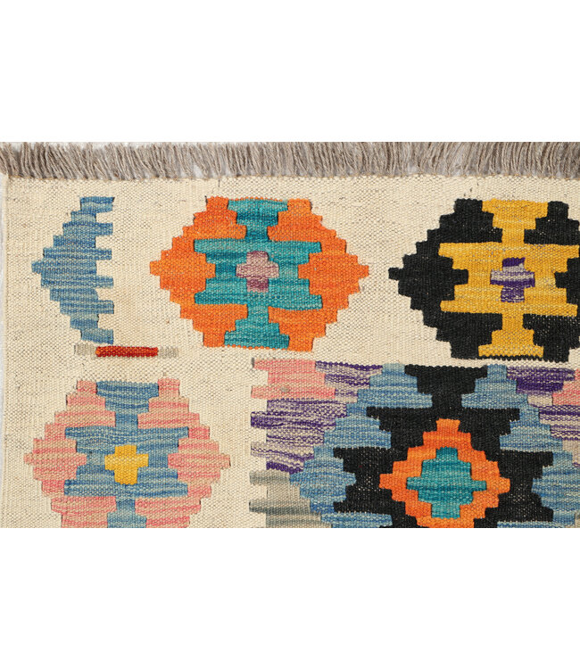 Afghan Kilim Rug – 241x77 cm – Handwoven Wool Runner – High-Contrast Diamonds with Pastel Accents
