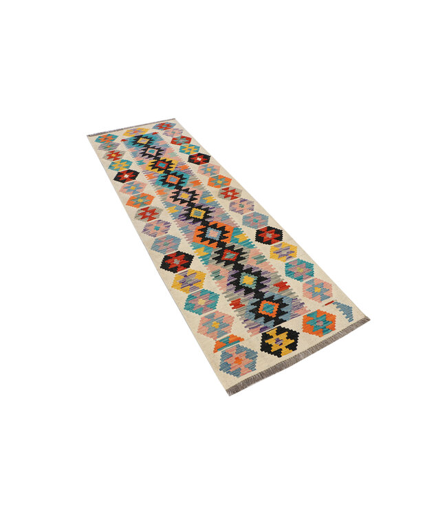 Afghanischer Kilim – 241x77 cm – Handgewebter Wollteppich mit Schwarzem Diamantmuster und Pastellfarben