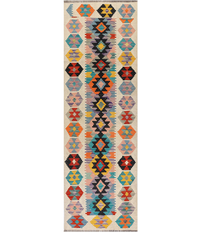 Afghan Kilim Rug – 241x77 cm – Handwoven Wool Runner – High-Contrast Diamonds with Pastel Accents