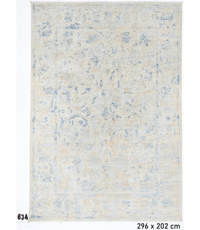 Vintage Handgeknoopt Tapijt - Ziegler Patroon - 296 x 202 cm - Blauw en Beige