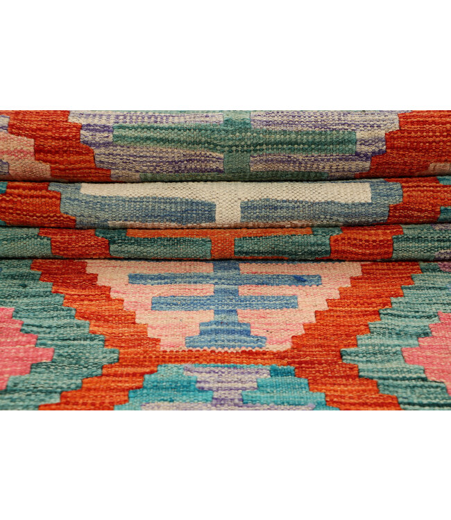 Afghaanse Kilim – 247x79 cm – Handgeweven Wol Loper met Laddermotief en Tribal Rand