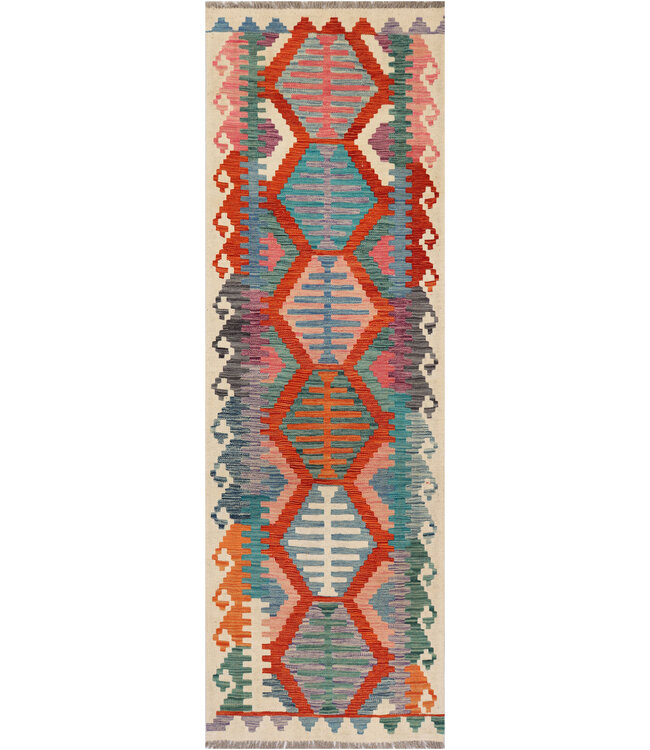 Handwoven Afghan Kilim Rug – 247x79 cm – Ladder Motif Wool Runner – Abstract Tribal Pattern in Pastel & Earth Tones