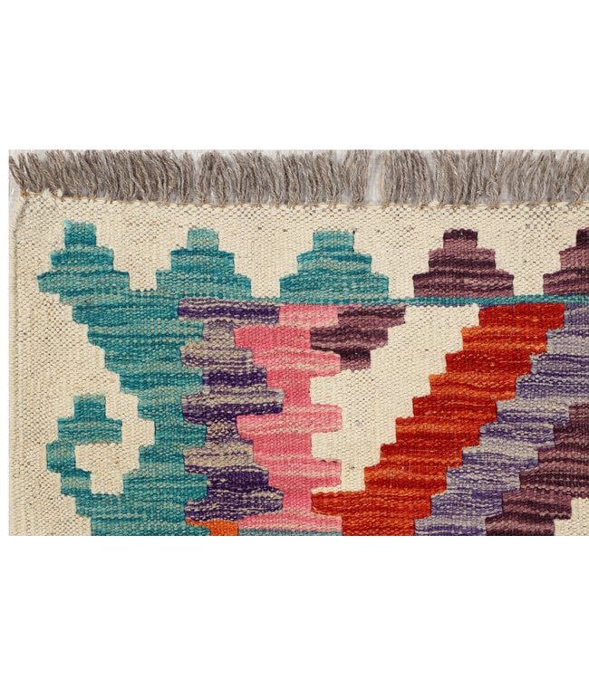 Afghaanse Kilim – 244x79 cm – Handgeweven Wol Loper met Gelaagde Diamanten en Tribal Rand