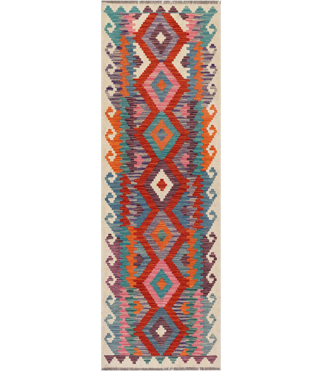 Afghaanse Kilim – 244x79 cm – Handgeweven Wol Loper met Gelaagde Diamanten en Tribal Rand