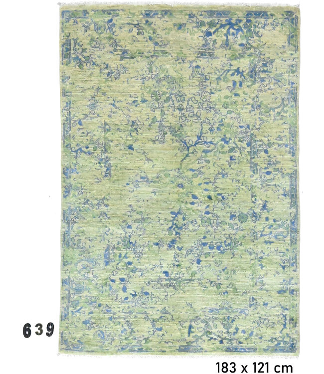 Vintage Handgeknoopt Tapijt - Ziegler Patroon - 183 x 121 cm - Groene en Blauwe Accenten
