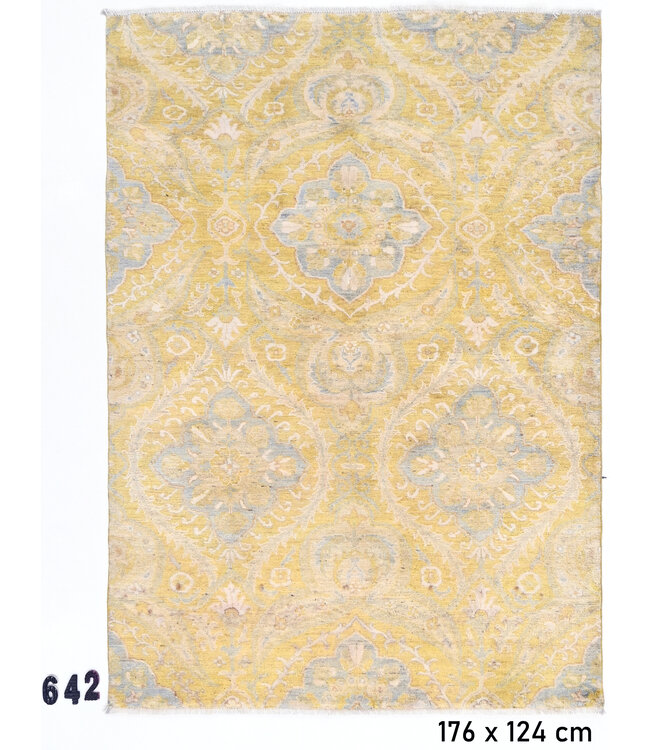 Vintage Handgeknoopt Tapijt - Kazak Patroon - 176 x 124 cm - Geel en Blauwe Accenten