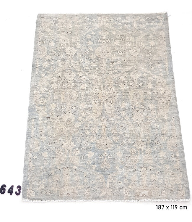 Vintage Handgeknoopt Tapijt - Antieke Patroon - 187 x 119 cm - Blauwe en Grijze Accenten
