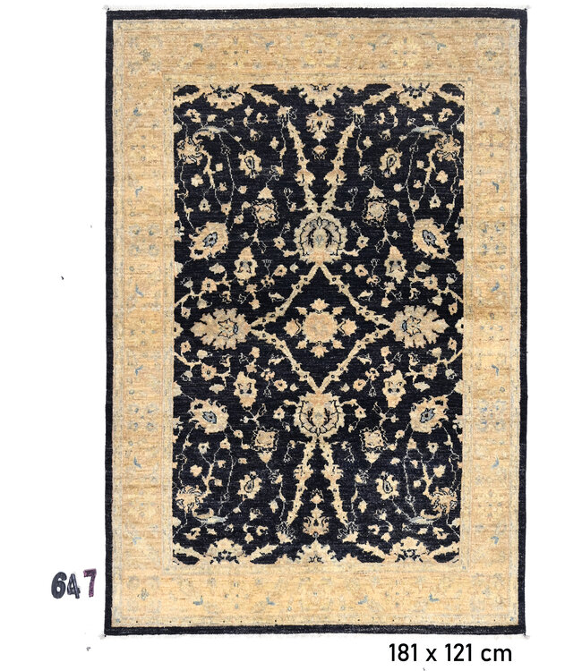 Vintage Handgeknüpfter Teppich - Schwarz mit Goldrand - 181 x 121 cm - Antikes Blumenmuster