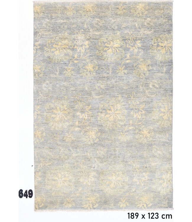 Vintage Handgeknüpfter Teppich - Grau mit Gelben Akzenten - 189 x 123 cm - Antikes Blumenmuster