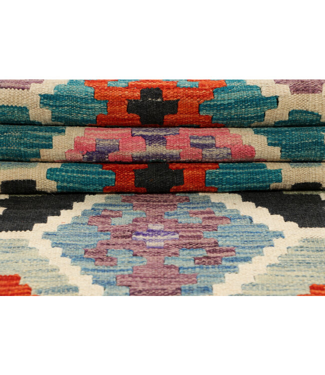 Vibrant Tribal Kilim Runner – Handwoven Wool Rug – 244x77 cm