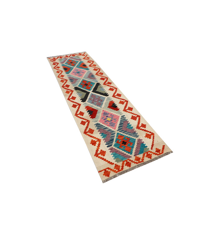 Vibrant Tribal Kilim Runner – Handwoven Wool Rug – 244x77 cm