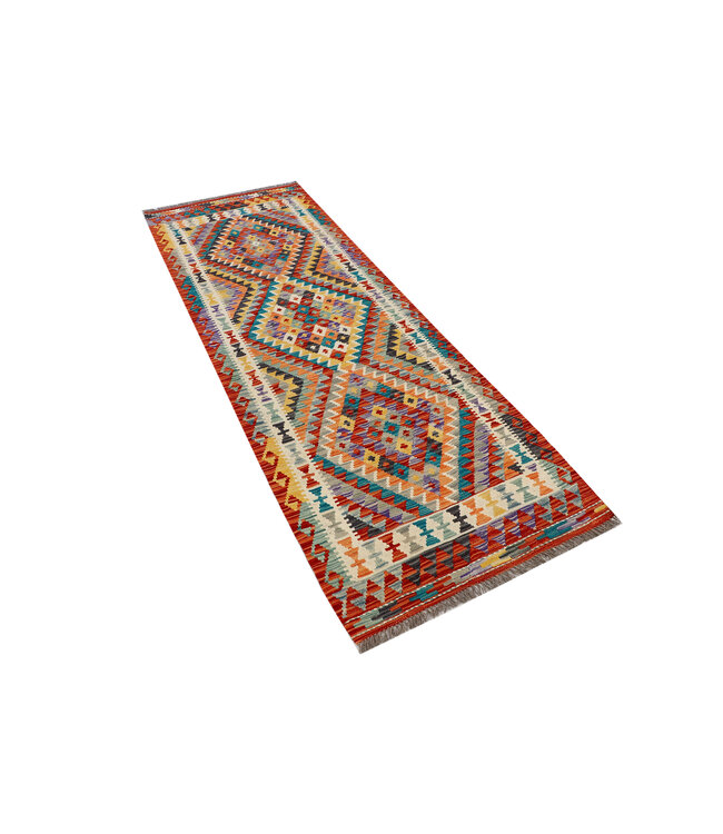 Vibrant Geometric Kilim Runner – Handwoven Wool Rug – 248x84