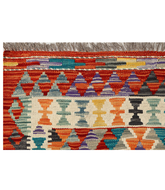 Levendige Geometrische Kilim Loper – Handgeweven Wol – 248x84 cm