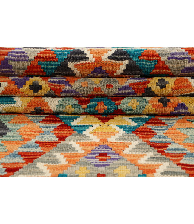 Levendige Geometrische Kilim Loper – Handgeweven Wol – 248x84 cm