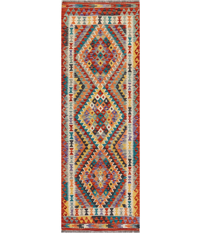 Farbintensiver Geometrischer Kilim-Läufer – Handgewebter Wollteppich – 248x84 cm