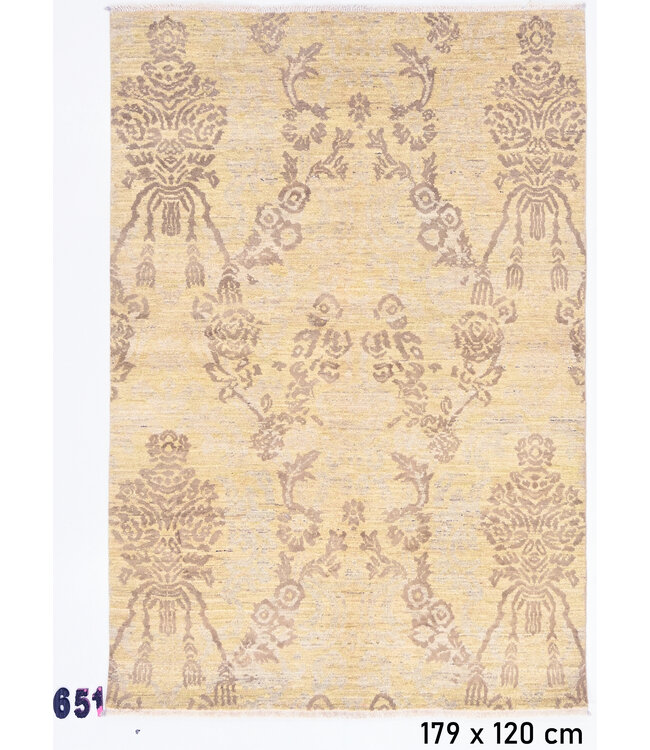 Vintage Handgeknoopt Tapijt - Geel met Bruine Accenten - 179 x 120 cm - Antiek