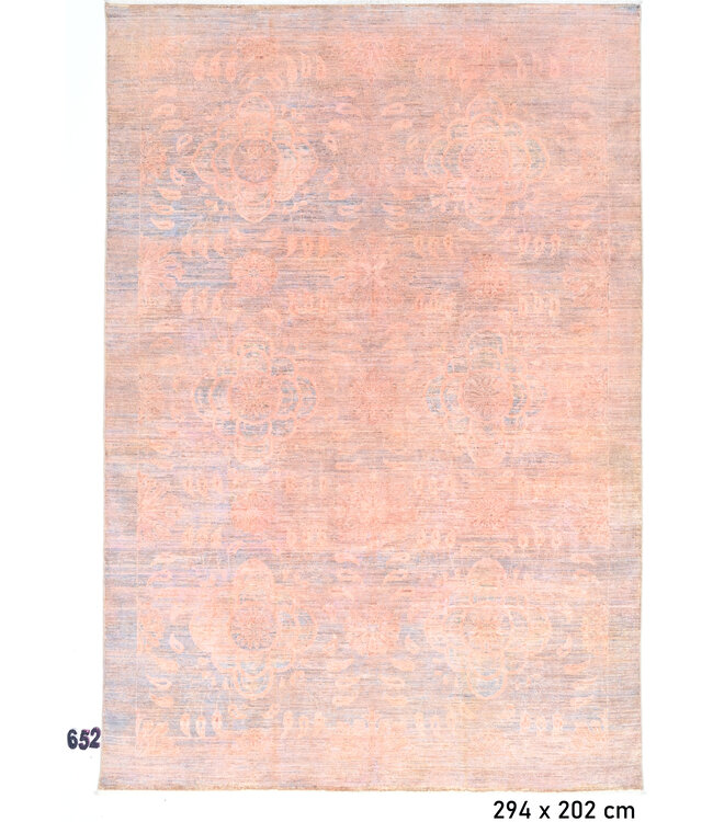 Vintage Handgeknüpfter Teppich - Rosa mit Blauen Akzenten - 294 x 202 cm - Antikes Blumenmuster