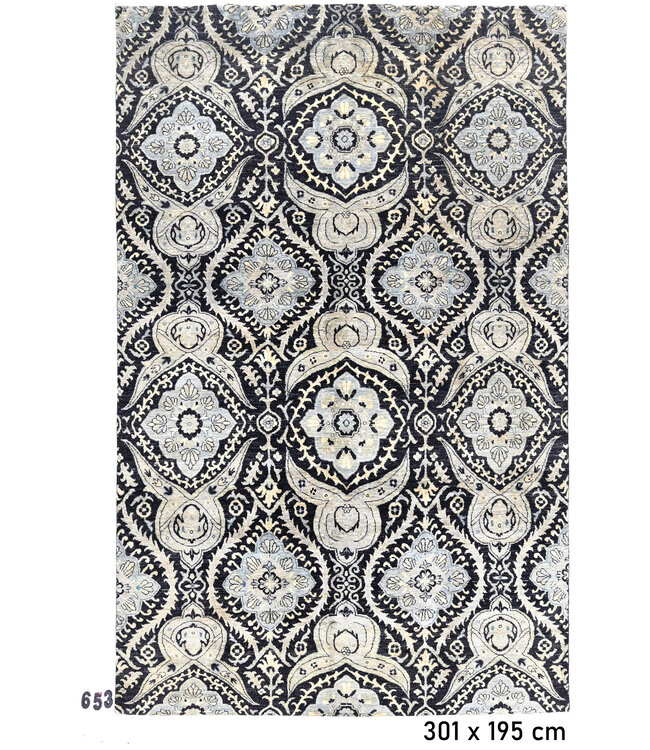 Vintage Hand Knotted Rug - Black with Blue Accents - 301 x 195 cm - Antique Floral Design