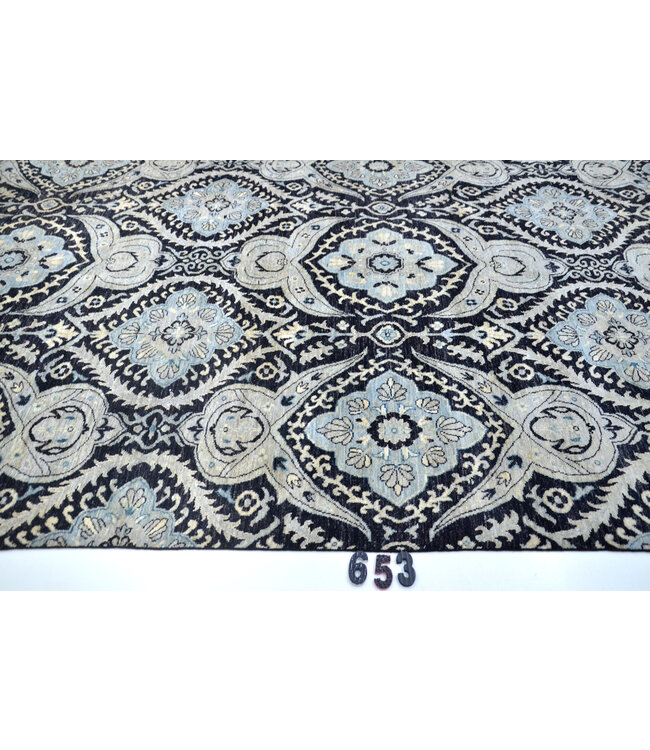 Vintage Hand Knotted Rug - Black with Blue Accents - 301 x 195 cm - Antique Floral Design
