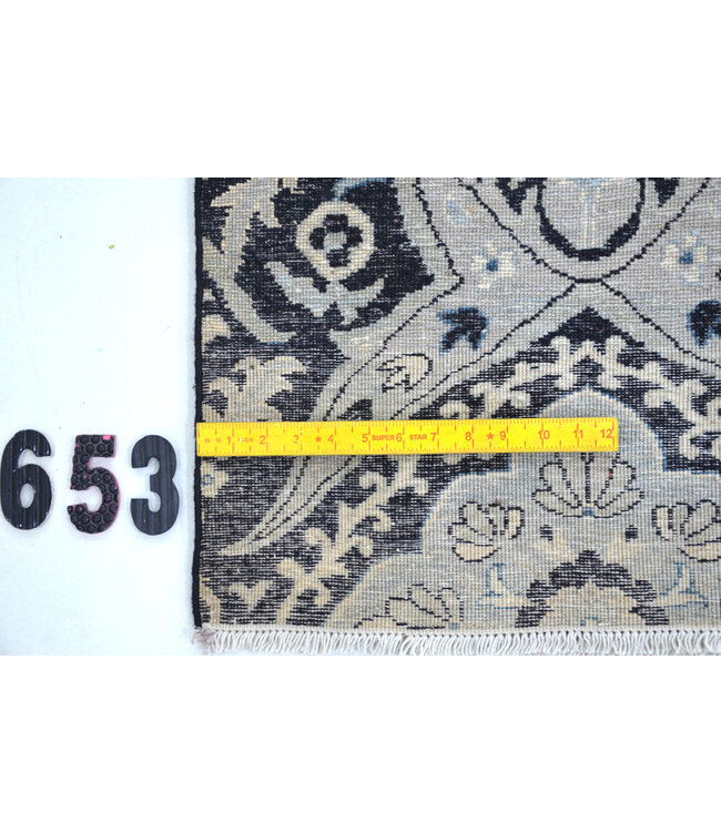 Vintage Handgeknüpfter Teppich - Schwarz mit Blauen Akzenten - 301 x 195 cm - Antikes Blumenmuster