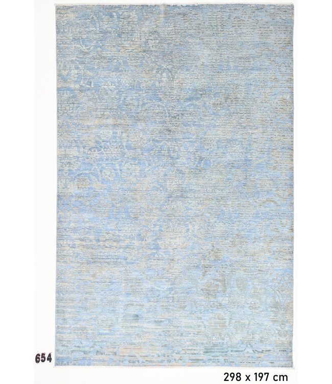 Vintage Handgeknoopt Tapijt - Lichtblauw met Bloemenmotief - 298 x 197 cm - Antieke Stijl