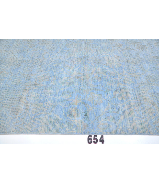 Vintage Handgeknoopt Tapijt - Lichtblauw met Bloemenmotief - 298 x 197 cm - Antieke Stijl