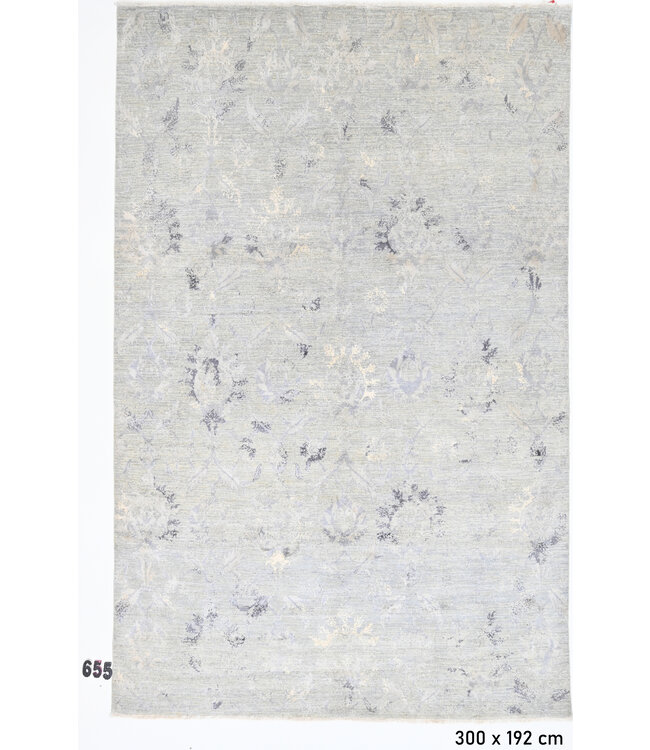 Vintage Handgeknoopt Tapijt - Lichtblauw met Bloemenmotief - 300 x 192 cm - Antieke Stijlc