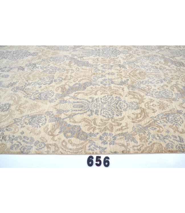 Vintage Handgeknoopt Tapijt - Beige met Blauw Patroon - 266 x 181 cm - Antieke Stijl