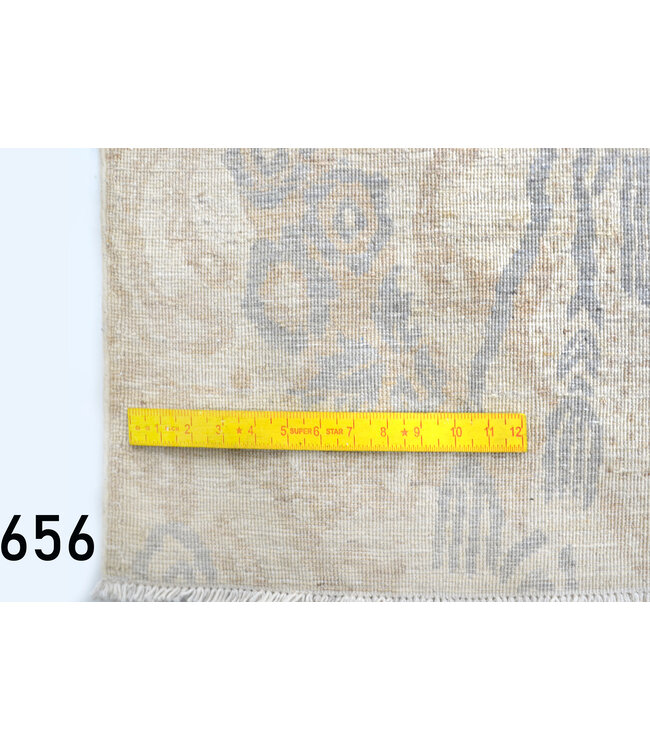 Vintage Handgeknoopt Tapijt - Beige met Blauw Patroon - 266 x 181 cm - Antieke Stijl