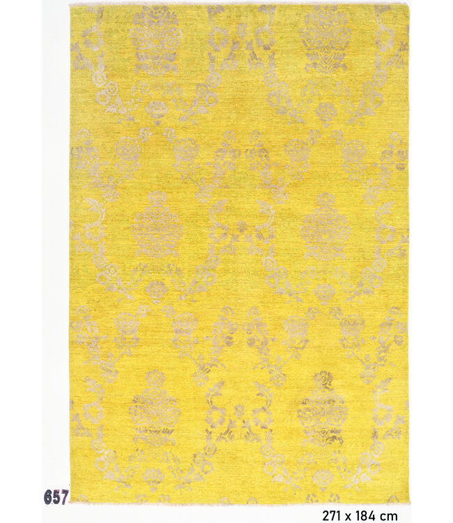 Vintage Handgeknüpfter Teppich - Gelb mit Grauem Muster - 271 x 184 cm - Antiker Stil