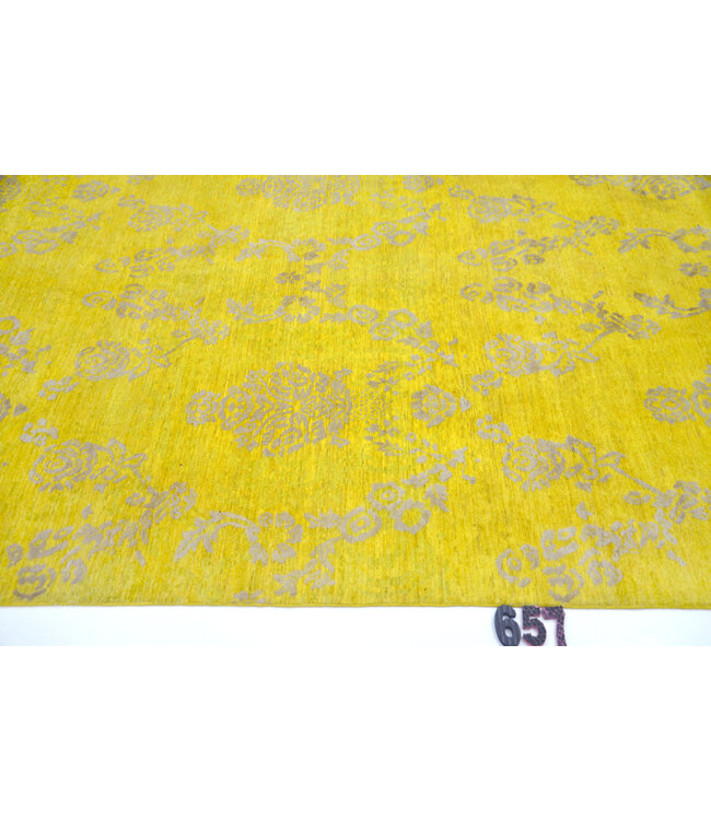 Vintage Handgeknoopt Tapijt - Geel met Grijs Patroon - 271 x 184 cm - Antieke Stijl