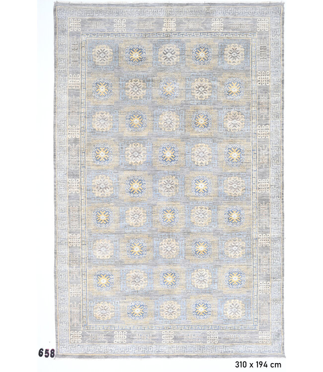 Vintage Handgeknüpfter Teppich - Grau mit Blau und Gelb Blumenmuster - 310 x 194 cm - Ziegler Stil