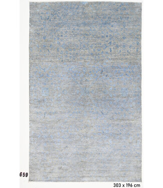 Vintage Handgeknüpfter Teppich - Grau mit Blauem Muster - 303 x 196 cm - Moderner Stil Vintage Handgeknüpfter Teppich - Grau mit Blauem Muster - 303 x 196 cm - Moderner Stil
