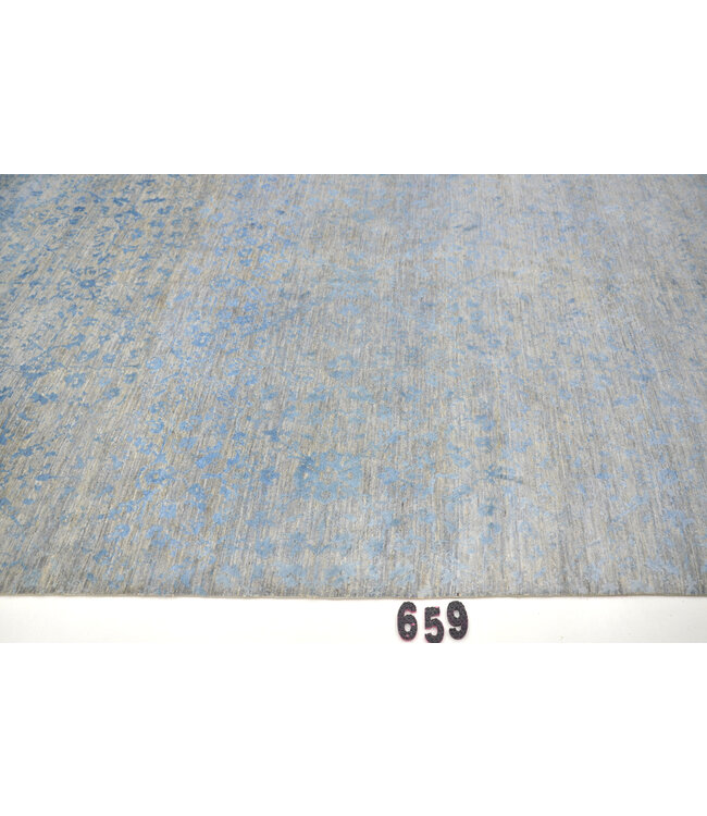 Vintage Handgeknüpfter Teppich - Grau mit Blauem Muster - 303 x 196 cm - Moderner Stil