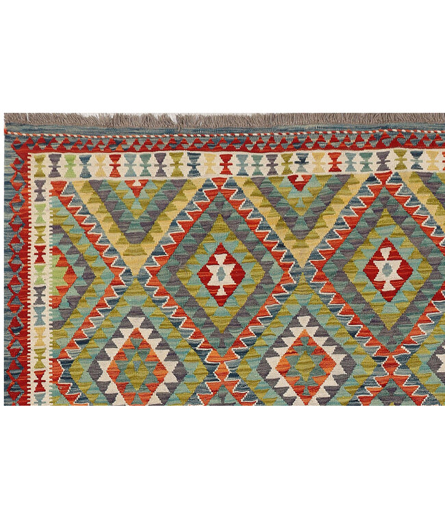 Handwoven Afghan Kilim Rug – 288x207 cm– Vibrant Tribal Diamond Pattern