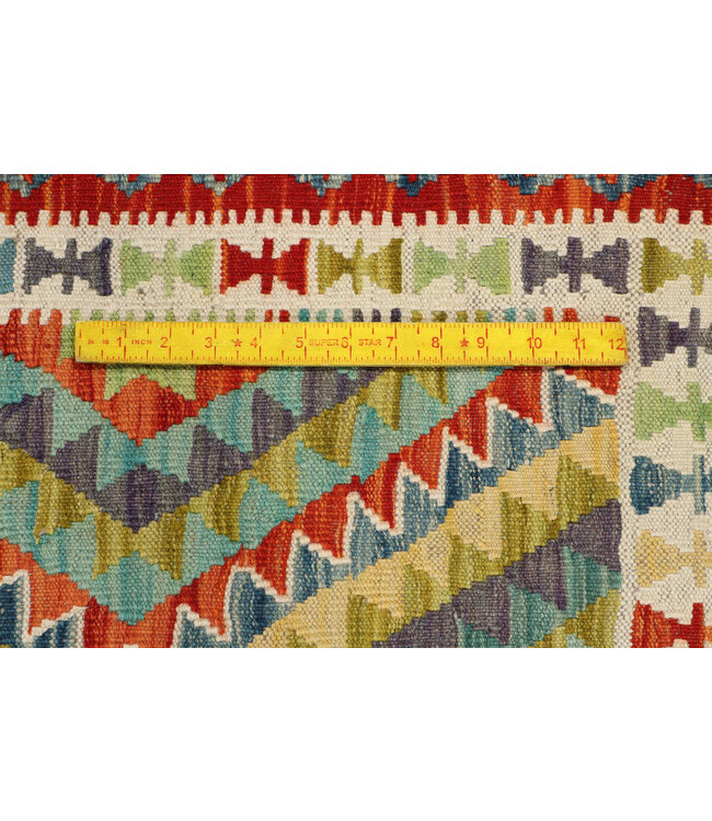 Handwoven Afghan Kilim Rug – 288x207 cm– Vibrant Tribal Diamond Pattern