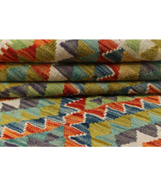 Handwoven Afghan Kilim Rug – 288x207 cm– Vibrant Tribal Diamond Pattern