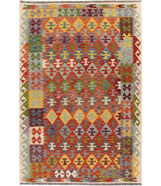 Handwoven Afghan Kilim Rug – 301x200 cm - Colorful Geometric Tribal Design