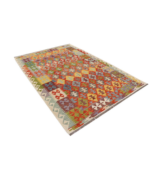 Handwoven Afghan Kilim Rug – 301x200 cm - Colorful Geometric Tribal Design