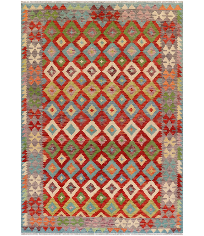 Handgewebter Afghanischer Kelim Teppich – 281x195 cm - Tribal Diamantmuster