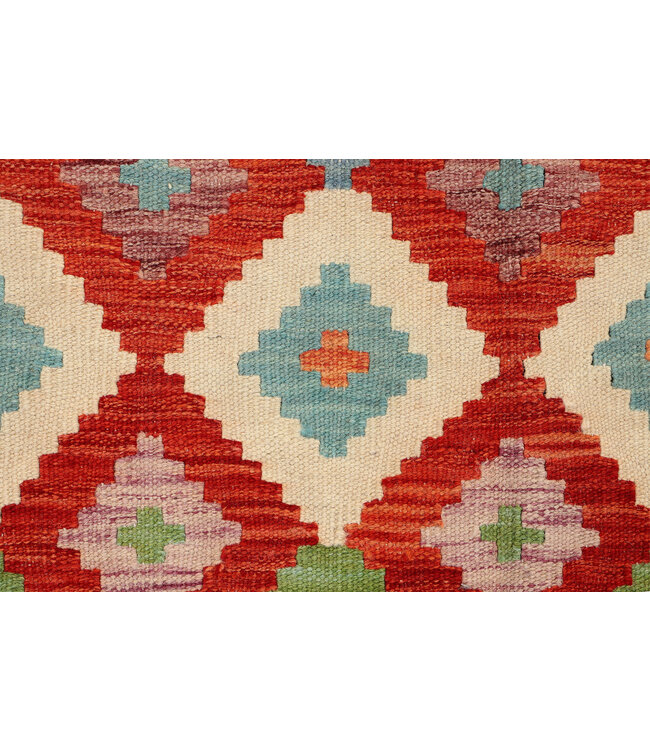 Handwoven Afghan Kilim Rug – 281x195 cm - Bold Multicolor Tribal Diamond Design