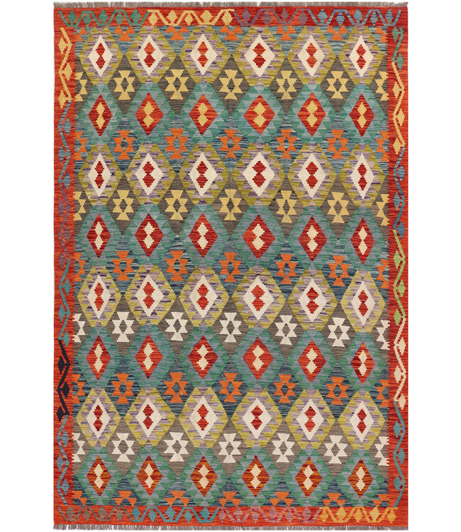 Handwoven Afghan Kilim Rug – 294x198 cm– Multicolor Tribal Diamond Pattern