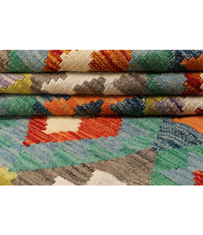 Handwoven Afghan Kilim Rug – 294x198 cm– Multicolor Tribal Diamond Pattern