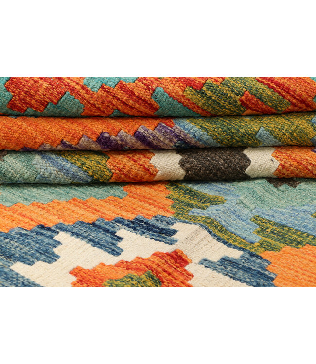 Handgeweven Afghaanse Kelim Vloerkleed – 296x205 cm – Tribal Diamantmotief