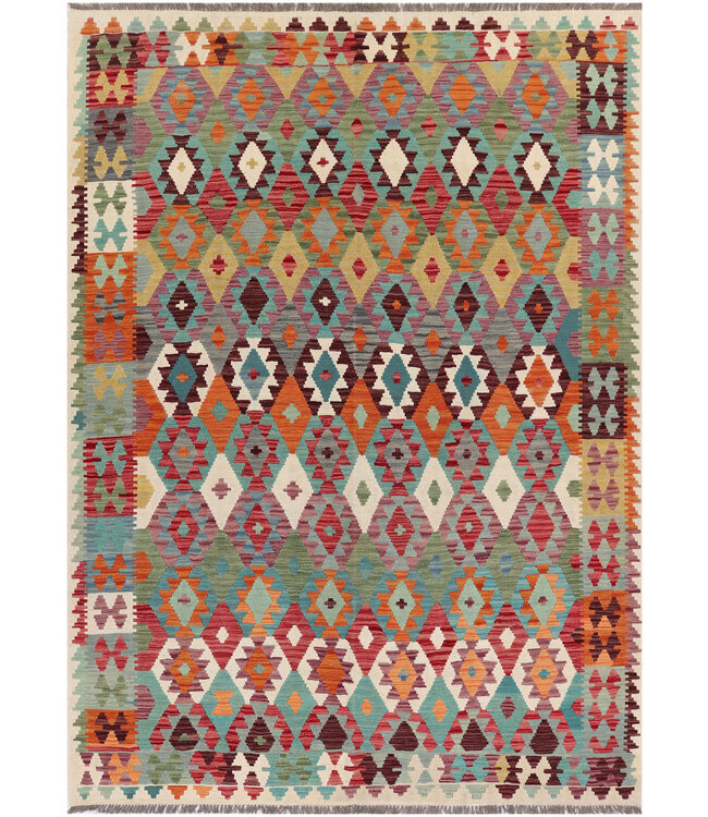 Handgeweven Afghaanse Kelim Vloerkleed – 289x205 cm – Kleurrijk Tribal Patroon