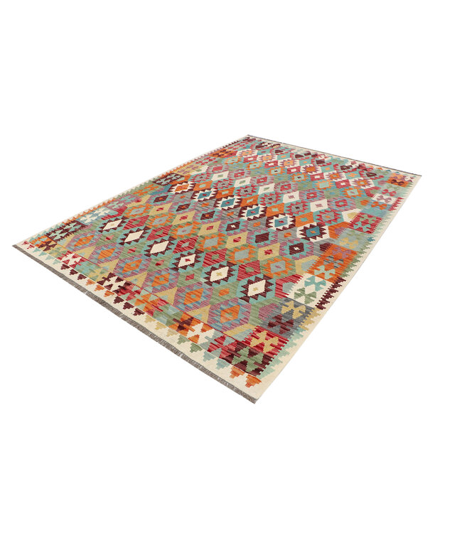 Handwoven Afghan Kilim Rug – 289x205 cm – Multicolor Tribal Geometric Design